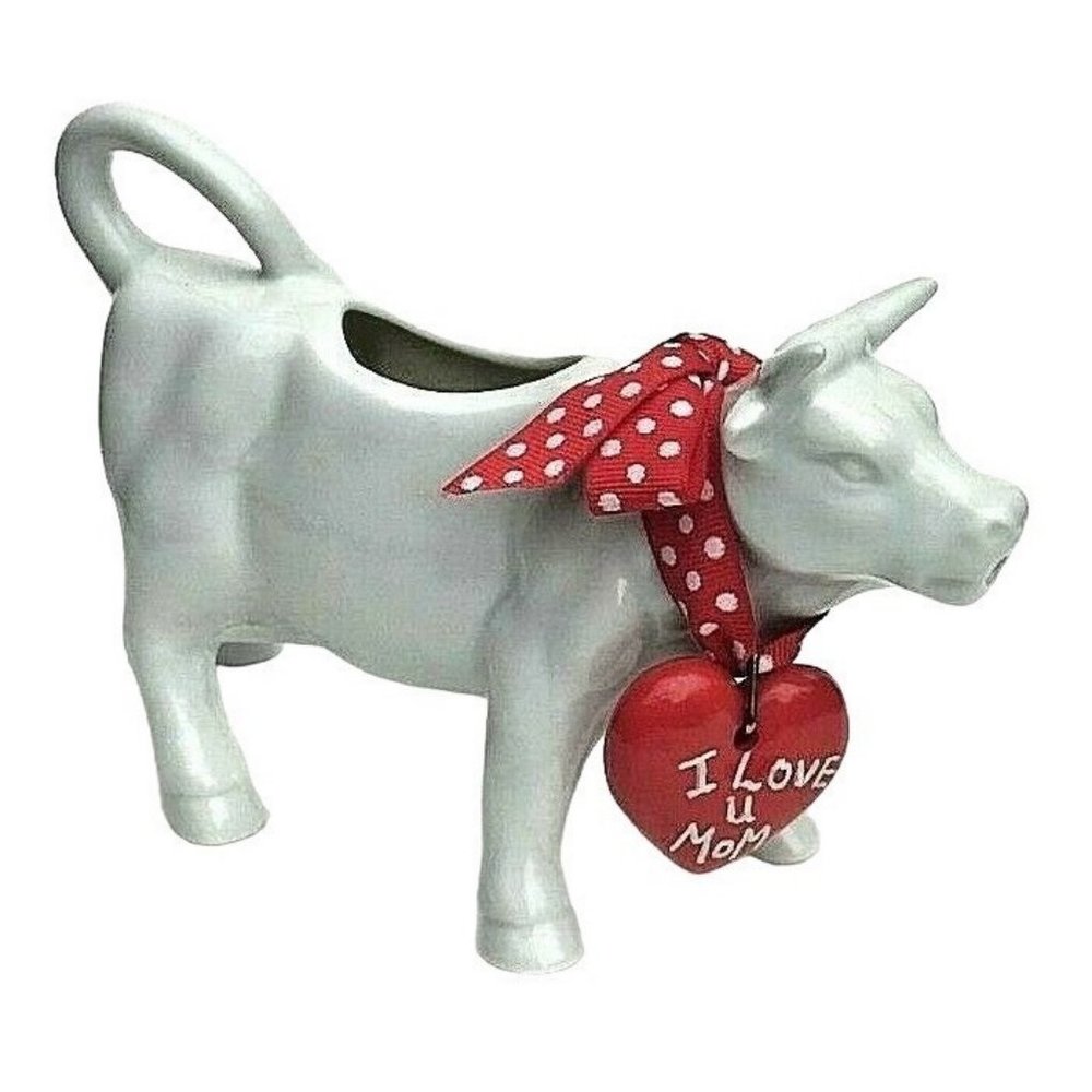 Vintage White Porcelain Cow Creamer Japan Red Bow Heart Country Cottage Farm